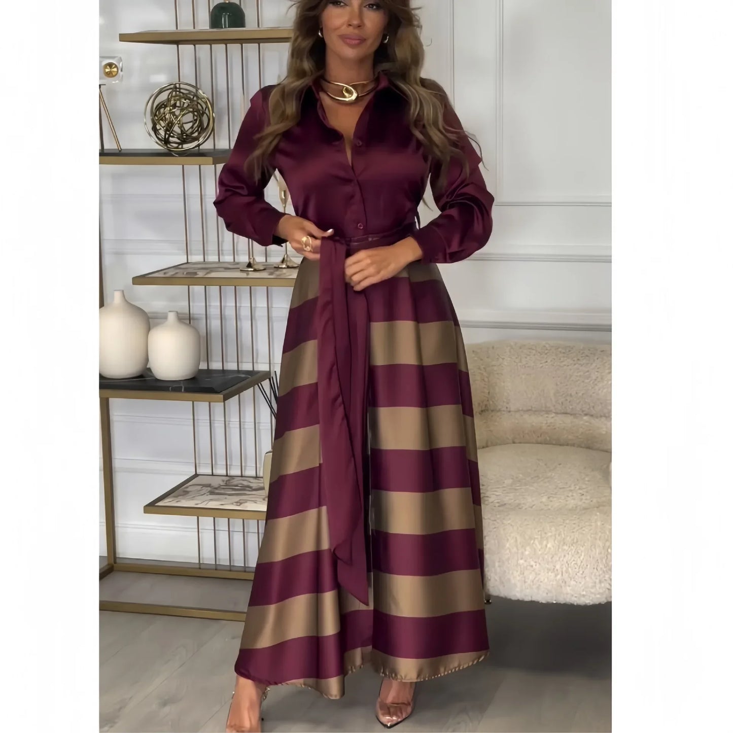 Elegant Grace: Striped Lace-Up Abaya Dress for Modern Muslim Women